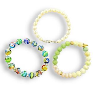 Three Pieces Gemstone Beaded Bracelets Multi Color Stone Beads and Pearl